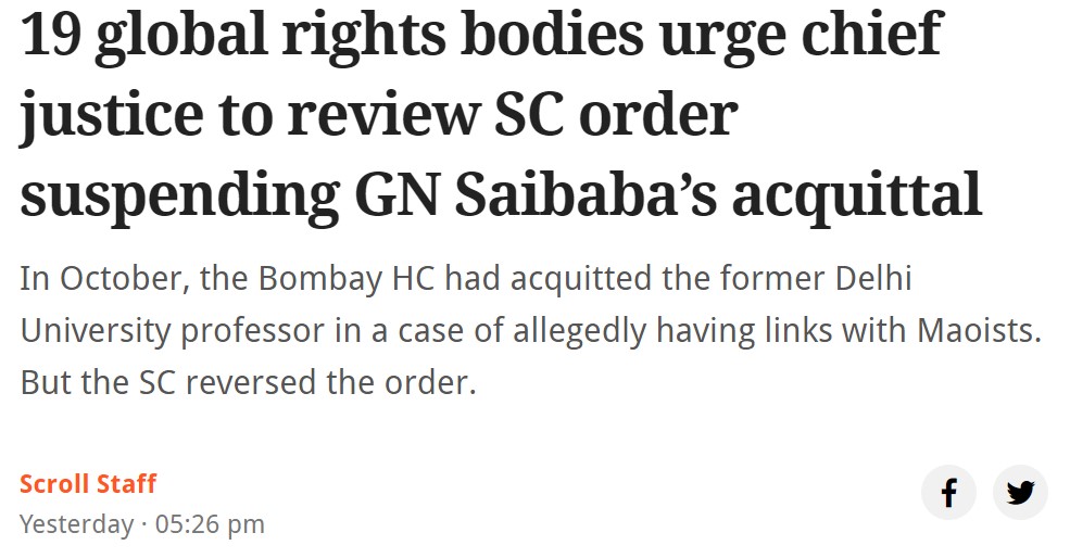 Scroll: 19 global rights bodies urge chief justice to review SC order suspending GN Saibana's acquittal